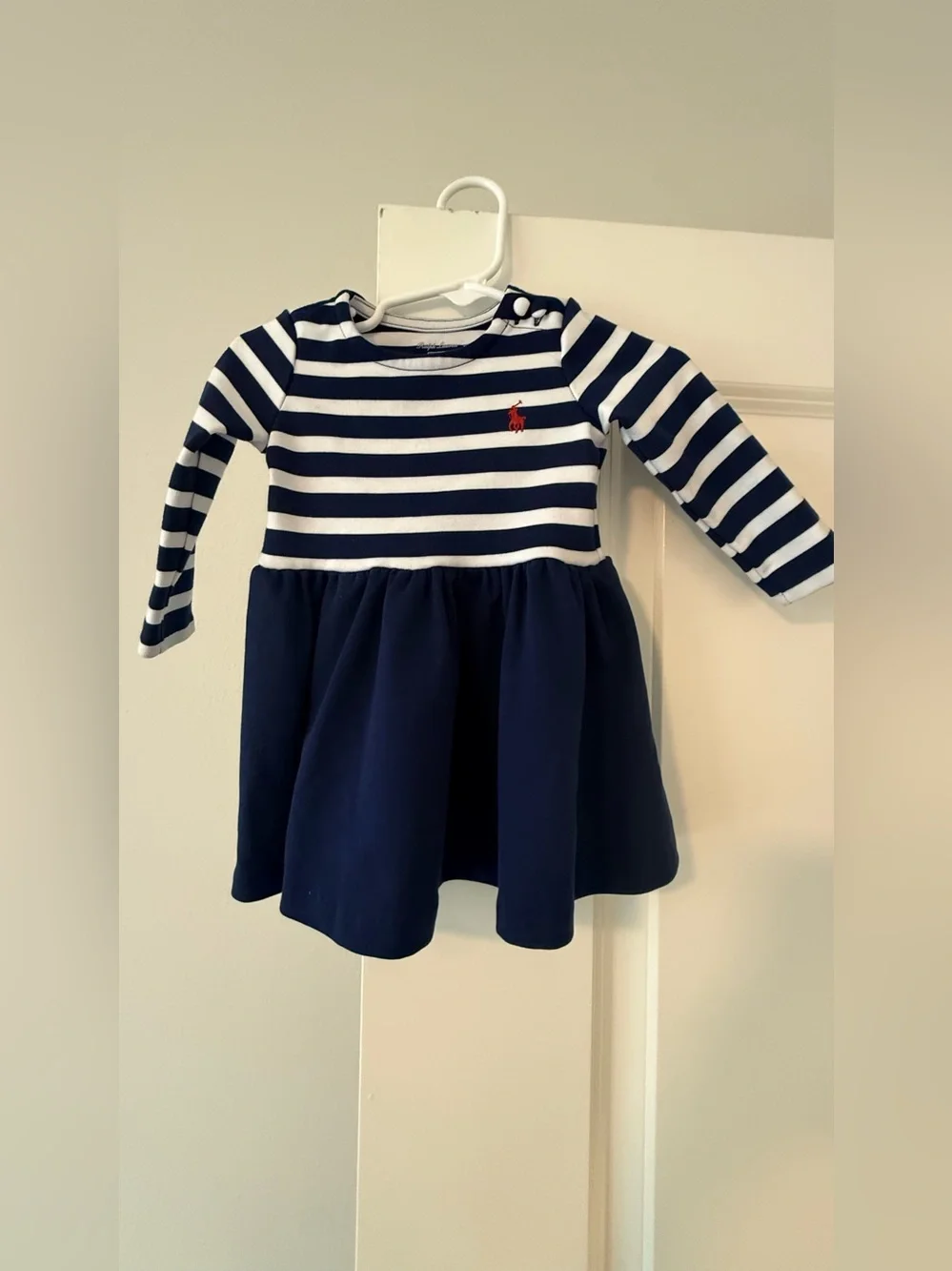 Ralph Lauren Navy & White Striped Long-Sleeve Dress with Red Polo Logo